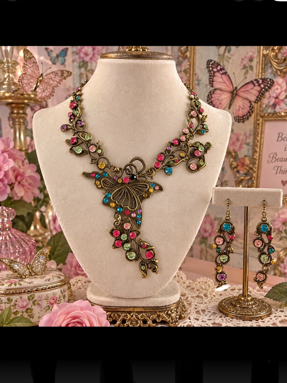 Fashion Jewelry Multicolor Pink Blue Green Gold Butterfly Necklace with Earrings